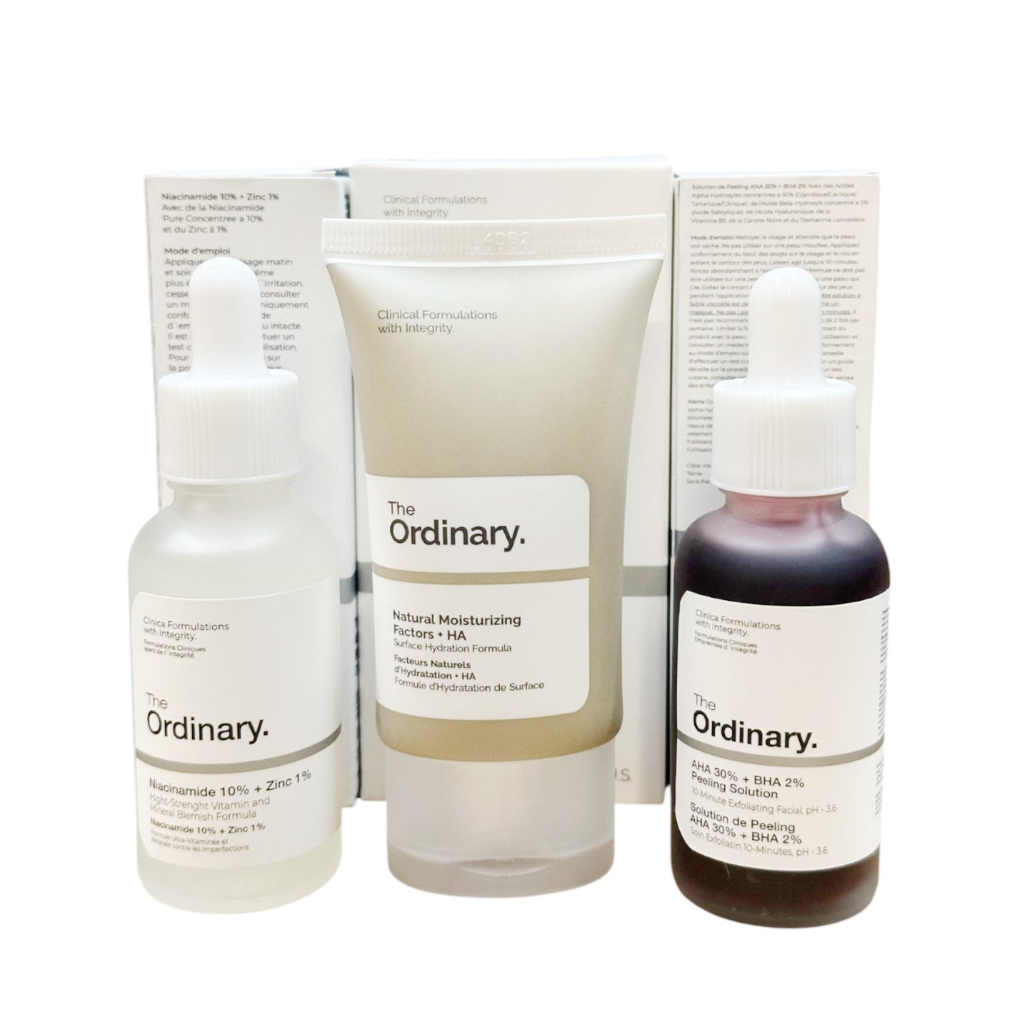 Trío The Ordinary Niacinamide 10% + Zinc 1%(30ml) + Natural Moisturizing Factors + HA +AHA 30%(30ml) + BHA 2% Peeling Solution(30ml)